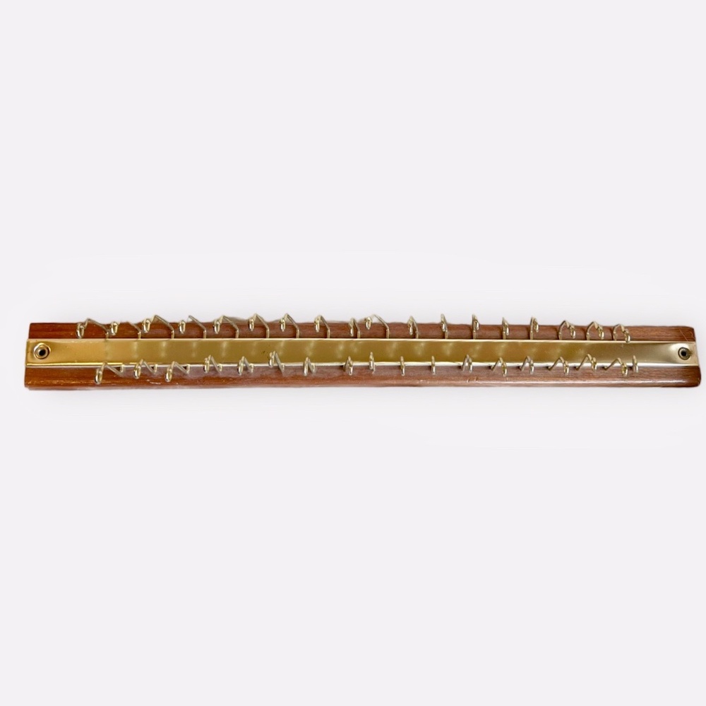 Vintage Wall Mount Mid Century Modern Tie Belt Jewelry Scarf Rack Wood & Brass